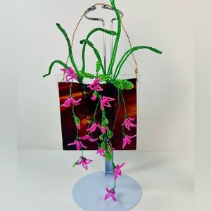 French Beads Dangling Flowers Arrangement In Handblown Wall Hanging Glass Vase